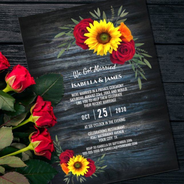 Invitación Blue Barn Madera Rosa de girasol Recepción de boda (Subido por el creador)