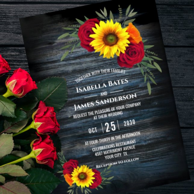 Invitación Blue Barn Wood Sunflower Borgoña Rosa Boda (Subido por el creador)