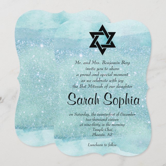 Invitación Blue Bat Mitzvah, Watercolor, Turquesa, Purpurina (Anverso / Reverso)