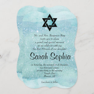 Invitación Blue Bat Mitzvah, Watercolor, Turquesa, Purpurina