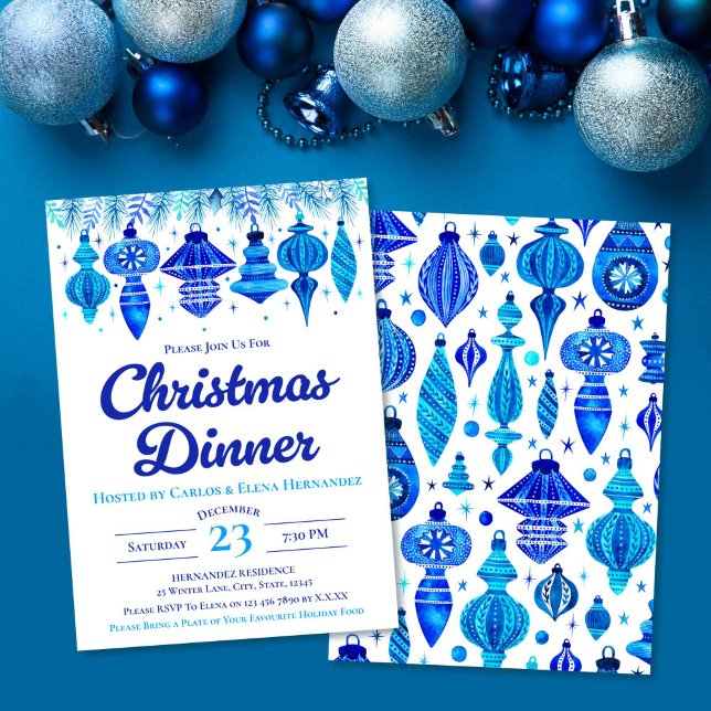 Invitación Blue Baubles Navidades Cena Watercolor (Blue Baubles Christmas Dinner Watercolor Invitation)