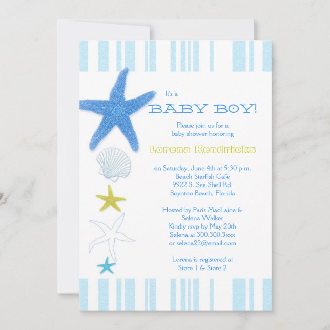 Invitación Blue Beach Starfish Strike Baby Boy Baby Shower (Anverso)