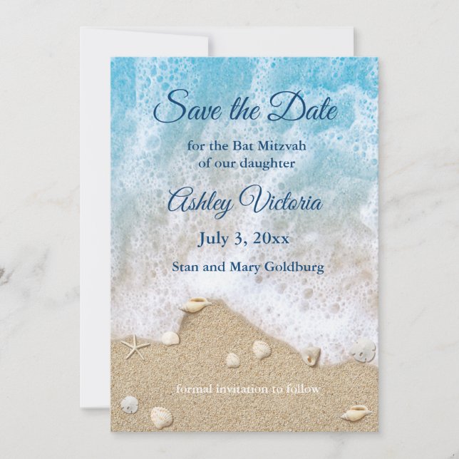 Invitación Blue Beach Waves Bat Mitzvah Save the Date (Anverso)