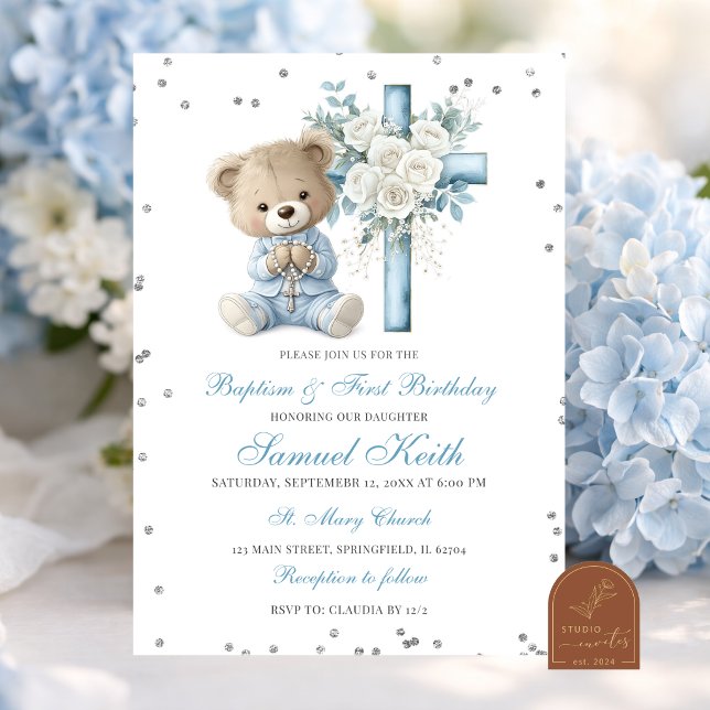 Invitación Blue Bear Baptism & First Birthday Invitation (Subido por el creador)