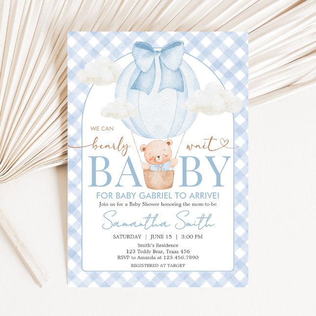 Invitación Blue Bear Bearly Wait Baby Shower (Bear Baby Shower Invitation)