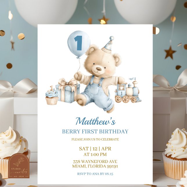 Invitación Blue Bear Boy Beary first birthday invitation (Subido por el creador)