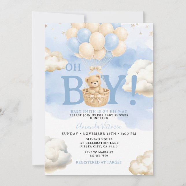 Invitación Blue Bear Cloud Balloon Baby Shower (Anverso)