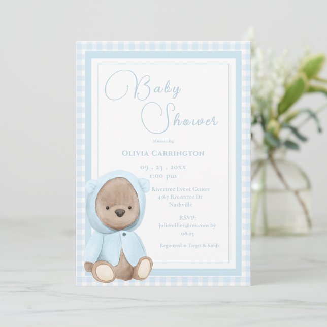 Invitación Blue Bear Gingham Vintage Baby Shower (Anverso de pie)