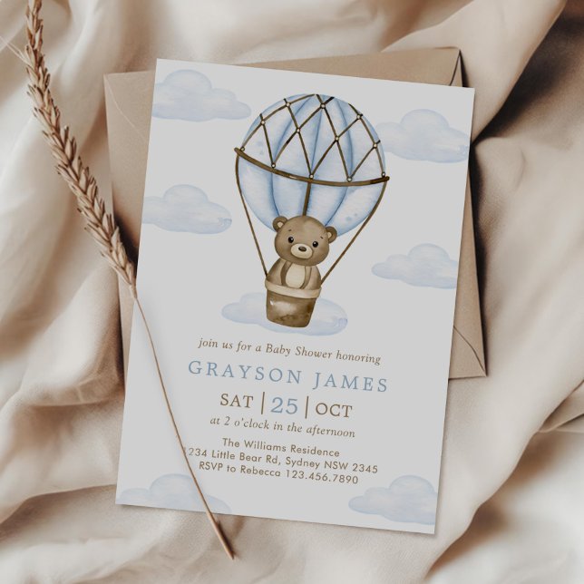Invitación Blue Bear Hot Air Balloon Baby Boy Shower (Subido por el creador)