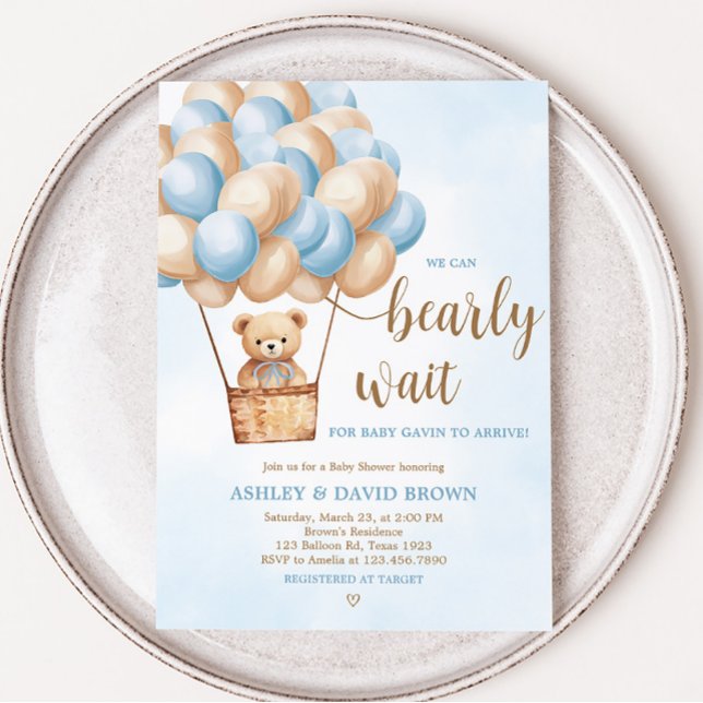 Invitación Blue Bear Hot Air Balloon Baby Shower (Boy Boho Bear Baby Shower Invitation)