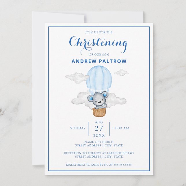 Invitación Blue Bear Hot Air Balloon Boy Christening (Anverso)