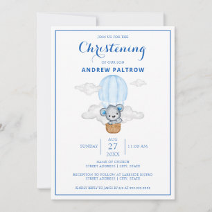 Invitación Blue Bear Hot Air Balloon Boy Christening