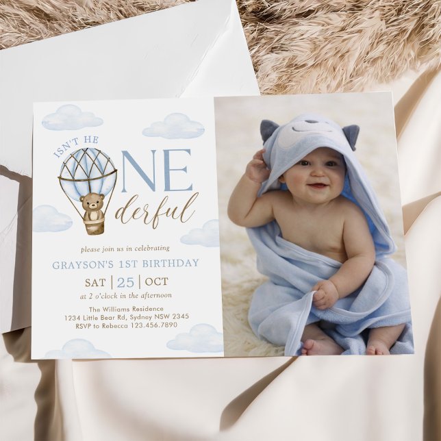 Invitación Blue Bear Hot Air Balloon Boys 1er cumpleaños Foto (Subido por el creador)