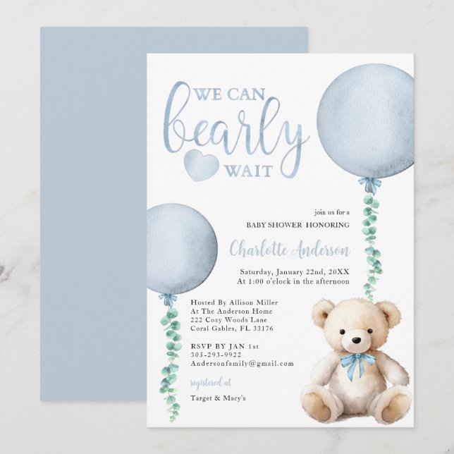 Invitación Blue Bearly Wait Baby Shower Invitation Boy (Anverso / Reverso)
