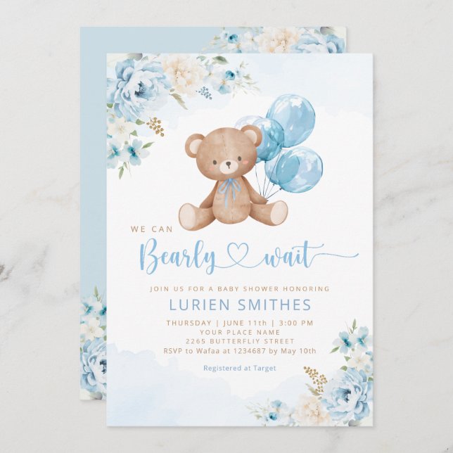 Invitación Blue Bearly Wait Boho Teddy Bear Boy Baby Shower (Anverso / Reverso)
