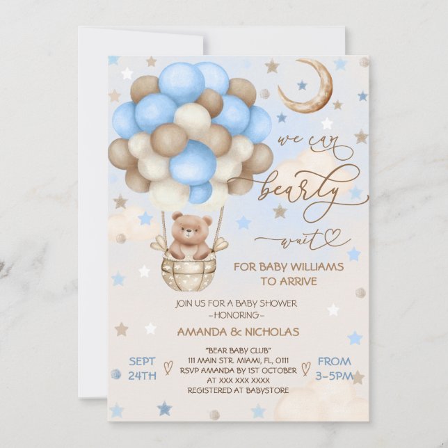 Invitación Blue Bearly Wait Teddy Bear Boy Baby Shower (Anverso)
