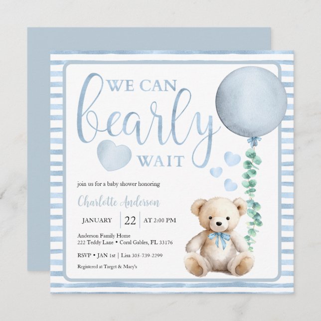 Invitación Blue Bearly Wait Teddy Bear Invite Baby Shower (Anverso / Reverso)