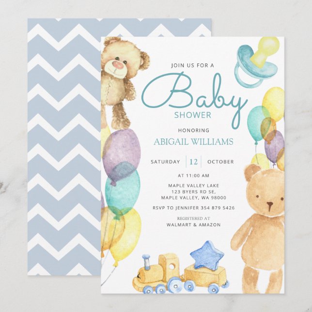 Invitación Blue Bears & Balloon Watercolor - Baby Shower lind (Anverso / Reverso)
