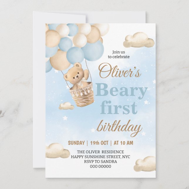 Invitación Blue Beary First Birthday (Anverso)