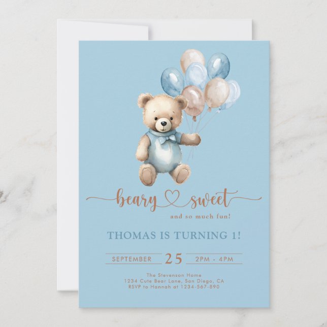 Invitación Blue Beary Sweet Boy 1er cumpleaños Teddy Bear Bro (Anverso)
