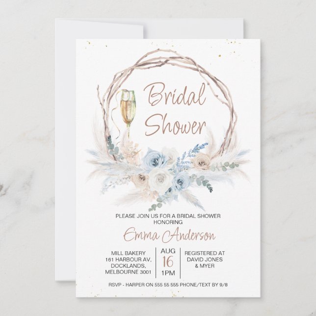 Invitación Blue Beige Boho Floral Pampas Ducha de Novias (Anverso)