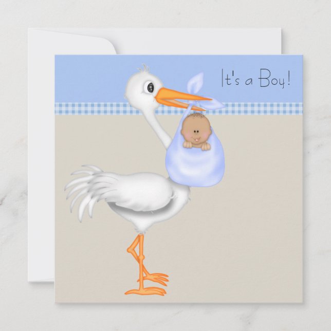 Invitación Blue Beige Gingham Stork Baby Boy Shower (Anverso)