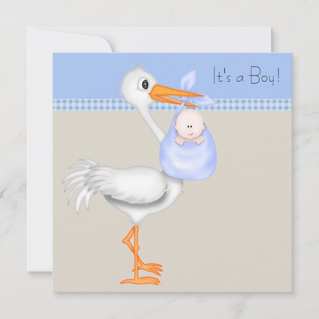 Invitación Blue Beige Gingham Stork Baby Boy Shower (Anverso)