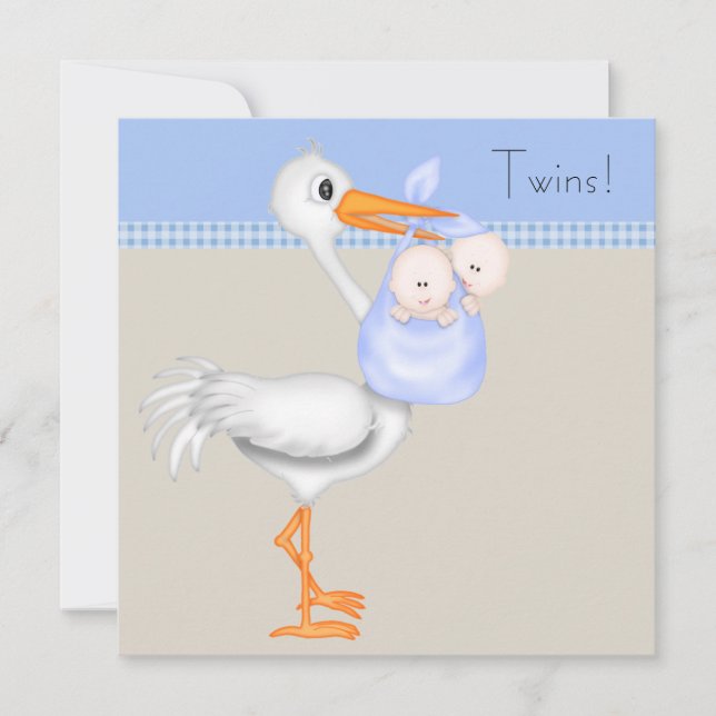 Invitación Blue Beige Gingham Stork Twin Baby Boy Shower (Anverso)