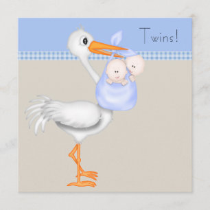 Invitación Blue Beige Gingham Stork Twin Baby Boy Shower