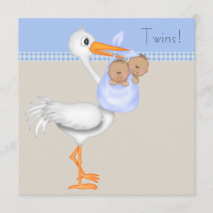 Invitación Blue Beige Gingham Stork Twin Boy Baby Shower