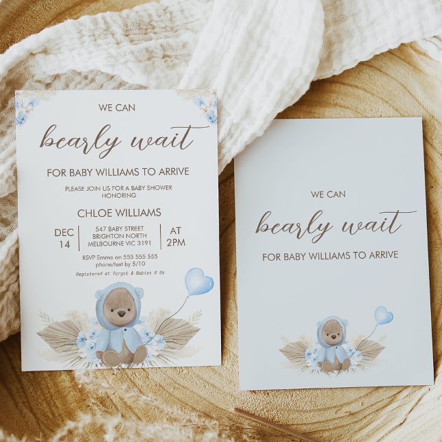 Invitación Blue Beige Podemos Esperar Baby Shower (Boy we can bearly wait for baby to arrive baby shower invitation featuring a blue flowers.)