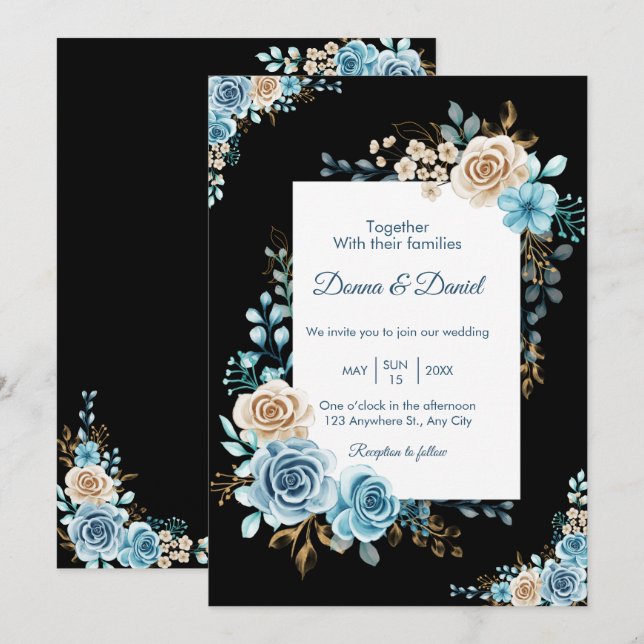 Invitación Blue beige wedding invitation card floral watercol (Anverso / Reverso)