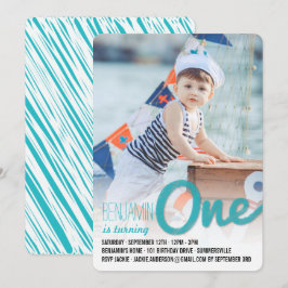 Invitación Blue Big Sketch One Baby Boy First Birday Party