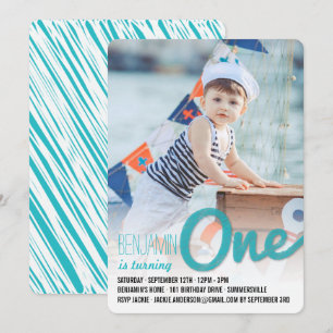 Invitación Blue Big Sketch One Baby Boy First Birday Party