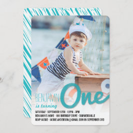 Invitación Blue Big Sketch One Baby Boy First Birday Party