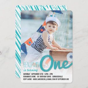 Invitación Blue Big Sketch One Baby Boy First Birday Party