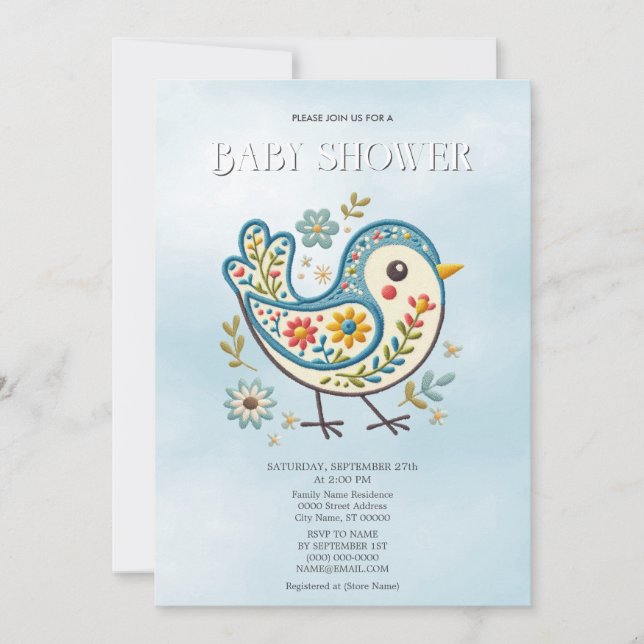Invitación Blue Bird Floral Baby Shower (Anverso)