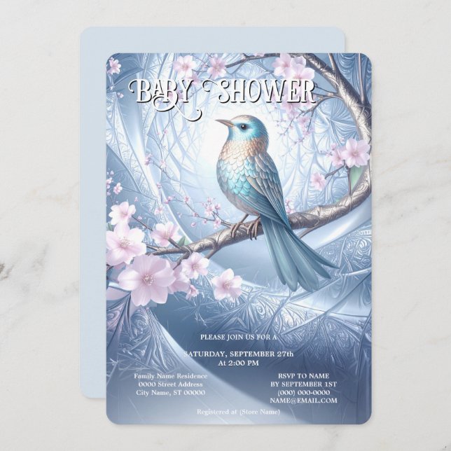 Invitación Blue Bird Floral Baby Shower Invitation (Anverso / Reverso)