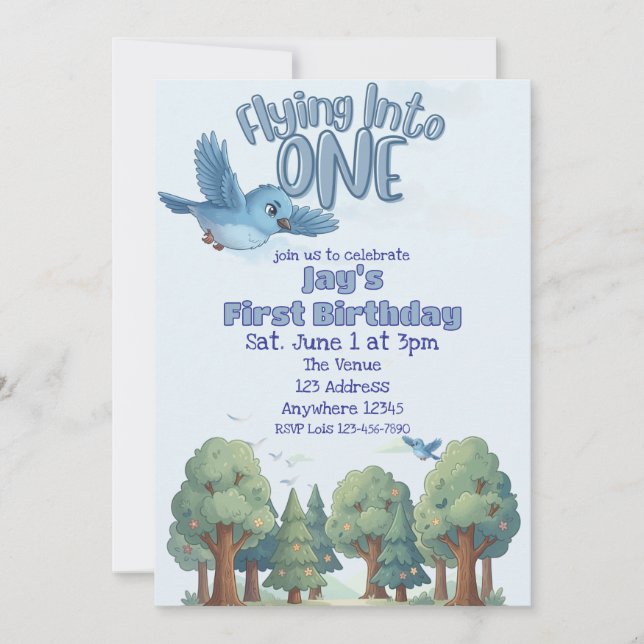 Invitación Blue Bird Flying into One, 1st Birthday (Anverso)