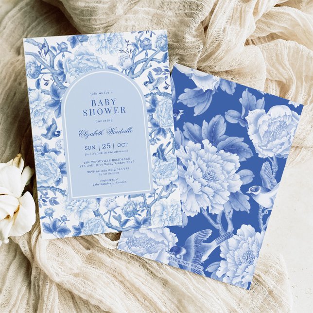 Invitación Blue Bird Peony Chinoiserie Garden Baby Shower (Subido por el creador)