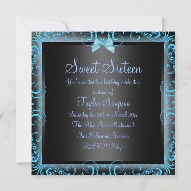 Invitación Blue/Black Bow & Frame Sweet16 Birthday Invite (Anverso)