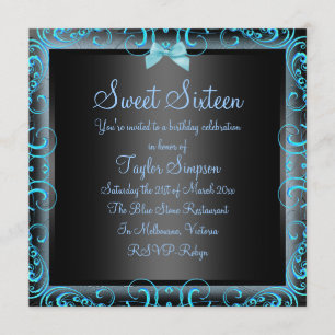 Invitación Blue/Black Bow & Frame Sweet16 Birthday Invite