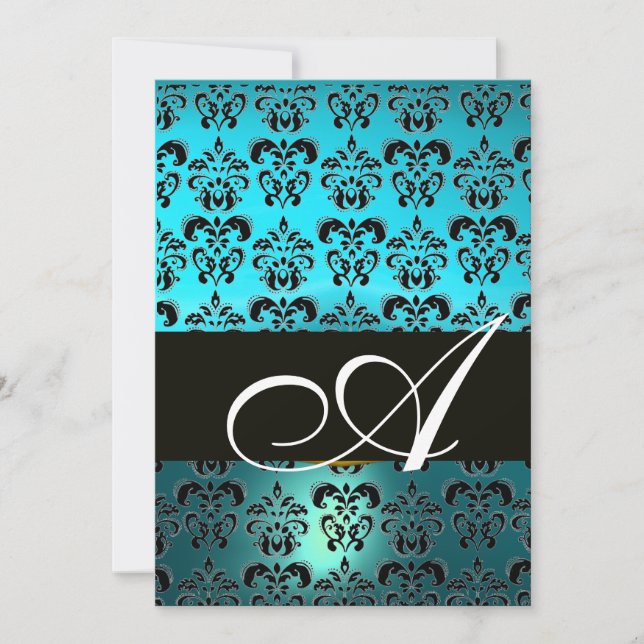 Invitación BLUE BLACK DAMASK MONOGRAM, turquesa blanca brilla (Anverso)