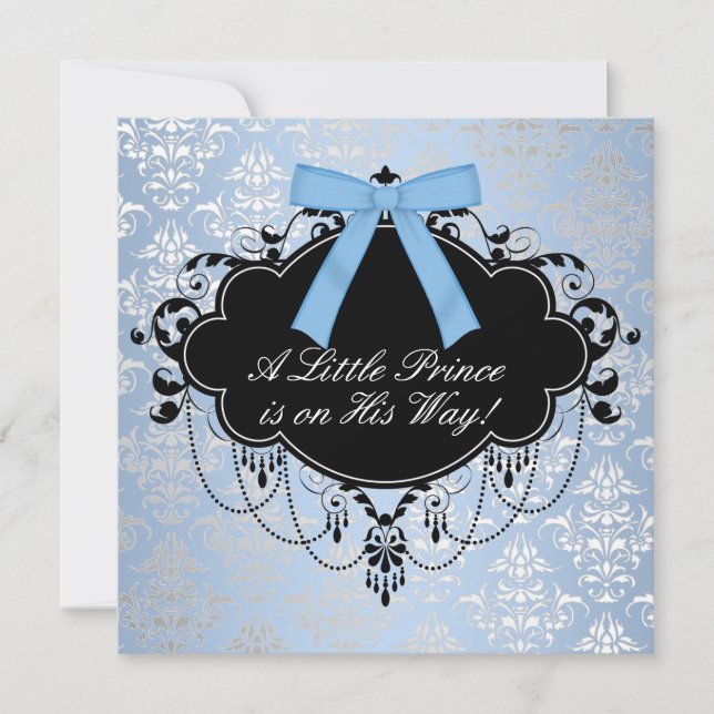 Invitación Blue Black Damask Prince Baby Shower (Anverso)