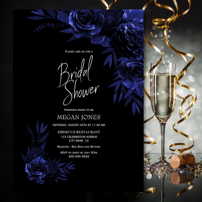 Invitación Blue Black Floral Bridal Shower (Subido por el creador)