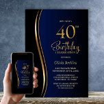 Invitación Blue Black Gold 40th Birthday Party<br><div class="desc">Invite your friends and loved ones with this modern black, gold and blue 40th birthday party invitation. The customizable text area in this invitation template allows you to effortlessly include all the necessary details for your special birthday celebration, including the date, time, venue, and RSVP information. A variety of paper...</div>