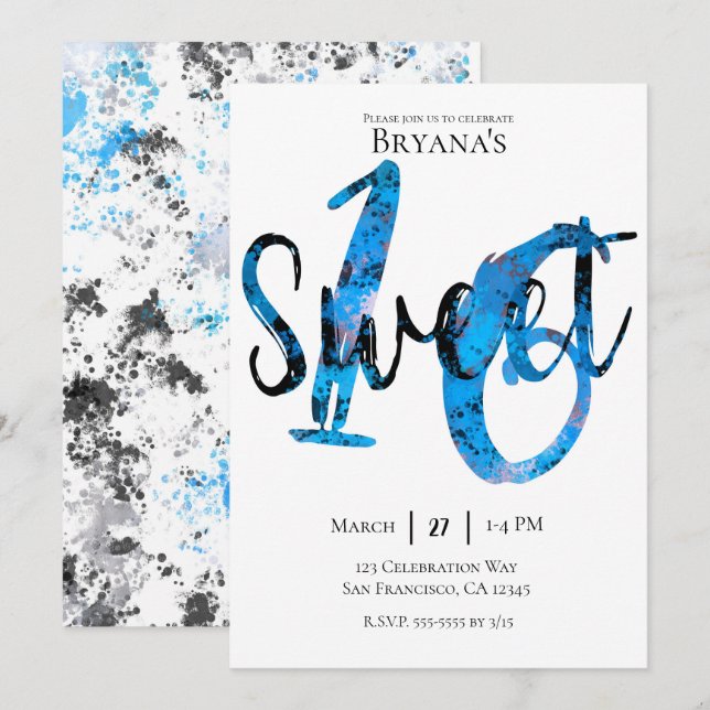 Invitación Blue Black Silver Splatter Sweet 16 Cumpleaños (Anverso / Reverso)