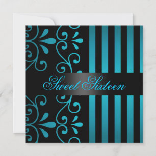 Invitación Blue/Black Stripe & Swirl Sweet 16