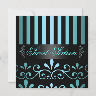 Invitación Blue/Black Stripe & Swirl Sweet 16 Invite