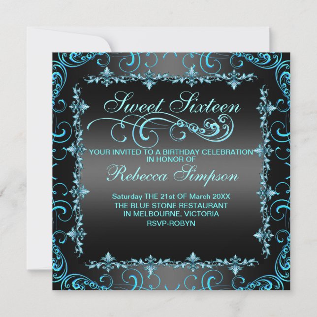 Invitación Blue/Black Sweet 16 Swirl Birthday Invite (Anverso)